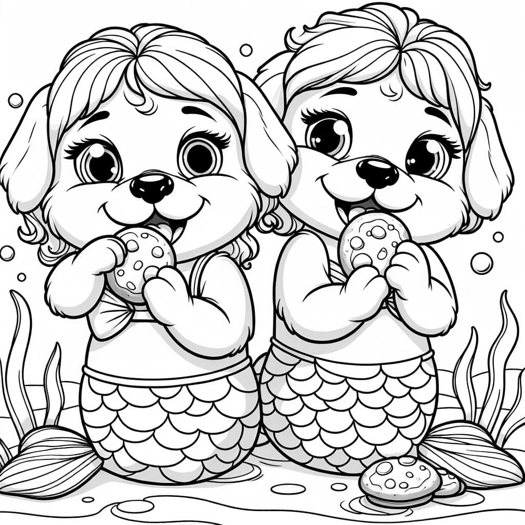Dos cachorros hermanas vestidas como sirenas comiendo galletas.