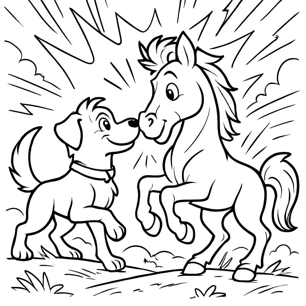 Ein Hund und ein Pferd, die sich gegenseitig an der Nase stupsen.