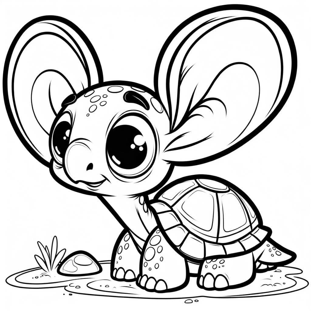 Une tortue avec de grandes oreilles, parfaite pour le coloriage pour les enfants.