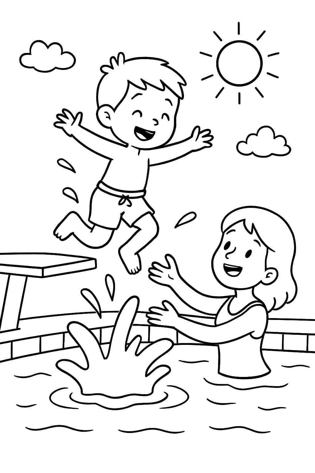 A little boy jumping into the water with a big splash from a diving board in the swimming pool. Mom is standing in the water to catch him.