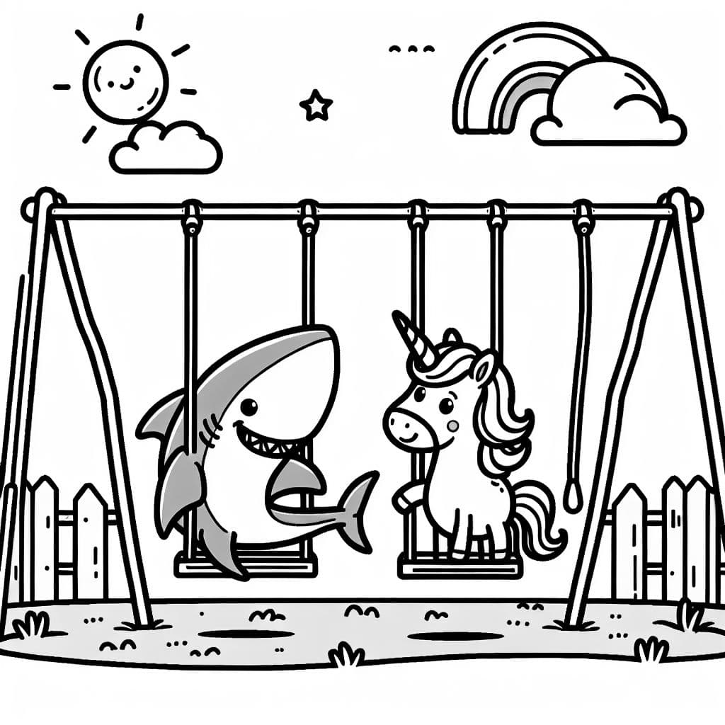 A shark and a unicorn on a playground with two swings but one is broken