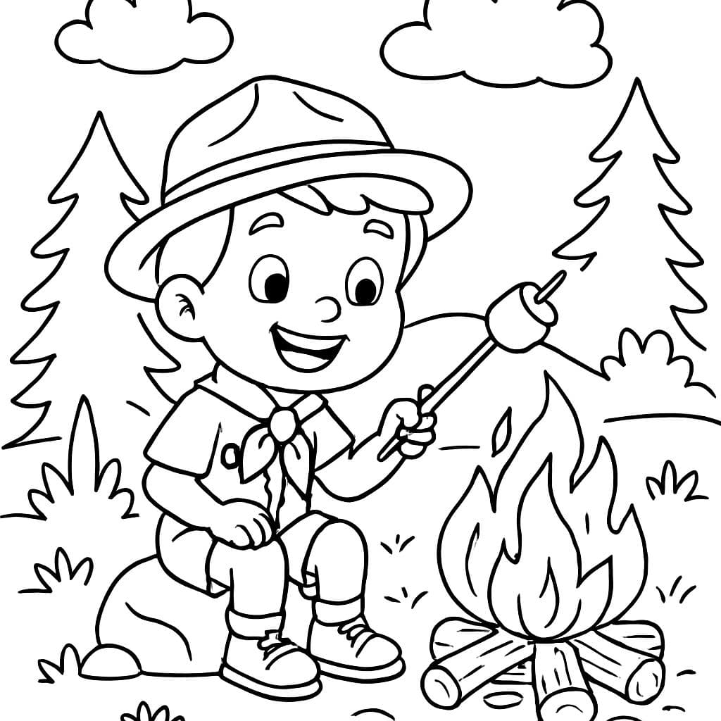 Un enfant portant un uniforme de scout assis près d'un feu de camp en train de rôtir un marshmallow.