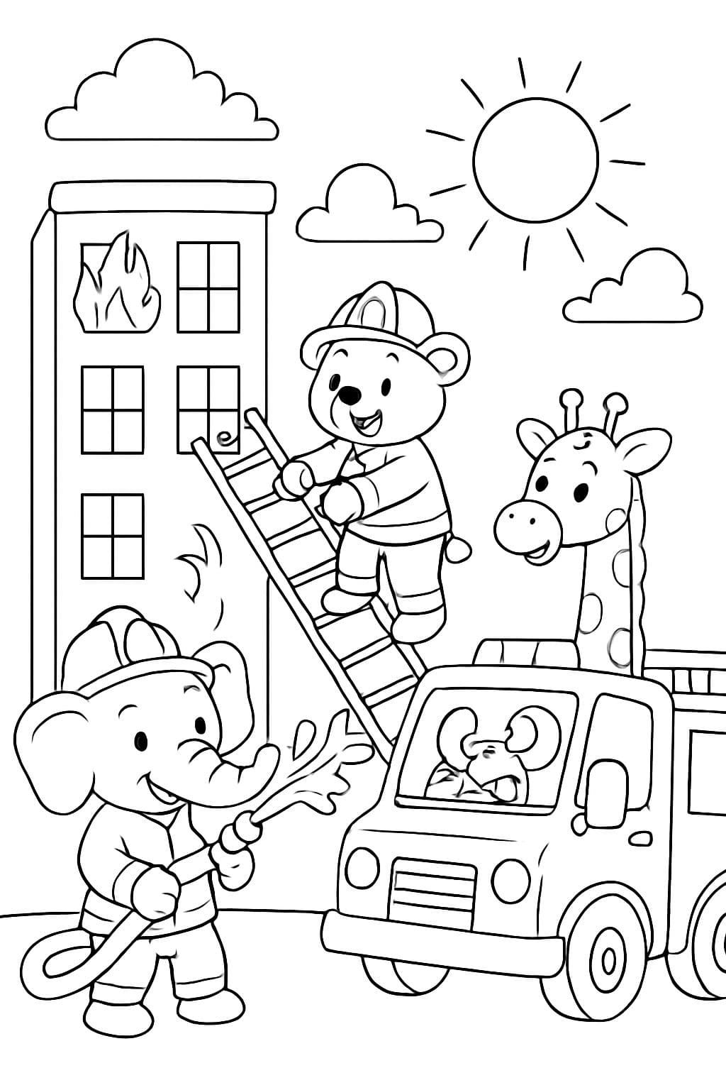 La brigada de bomberos de animales en acción. Un rascacielos está ardiendo.