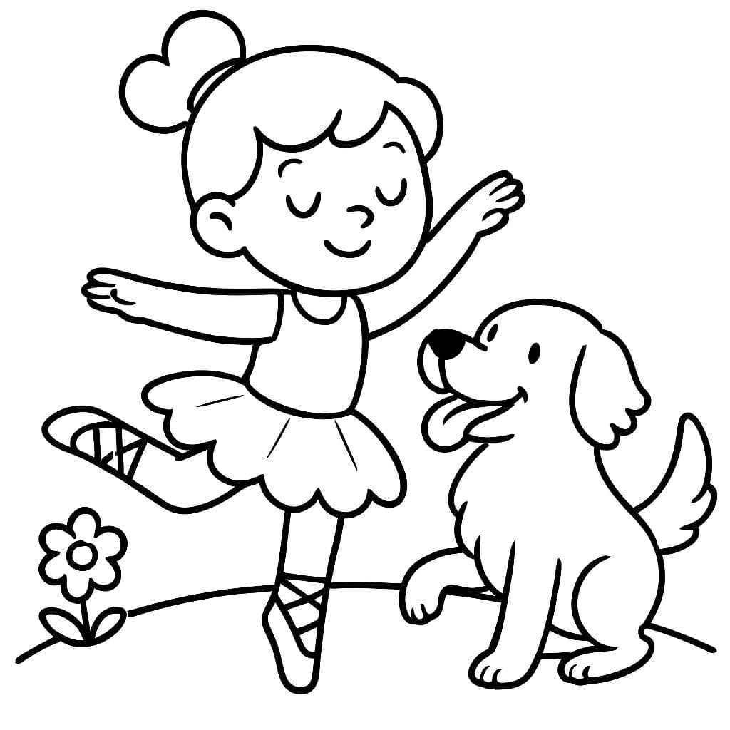 petite ballerine blonde de trois ans dansant avec son golden retriever