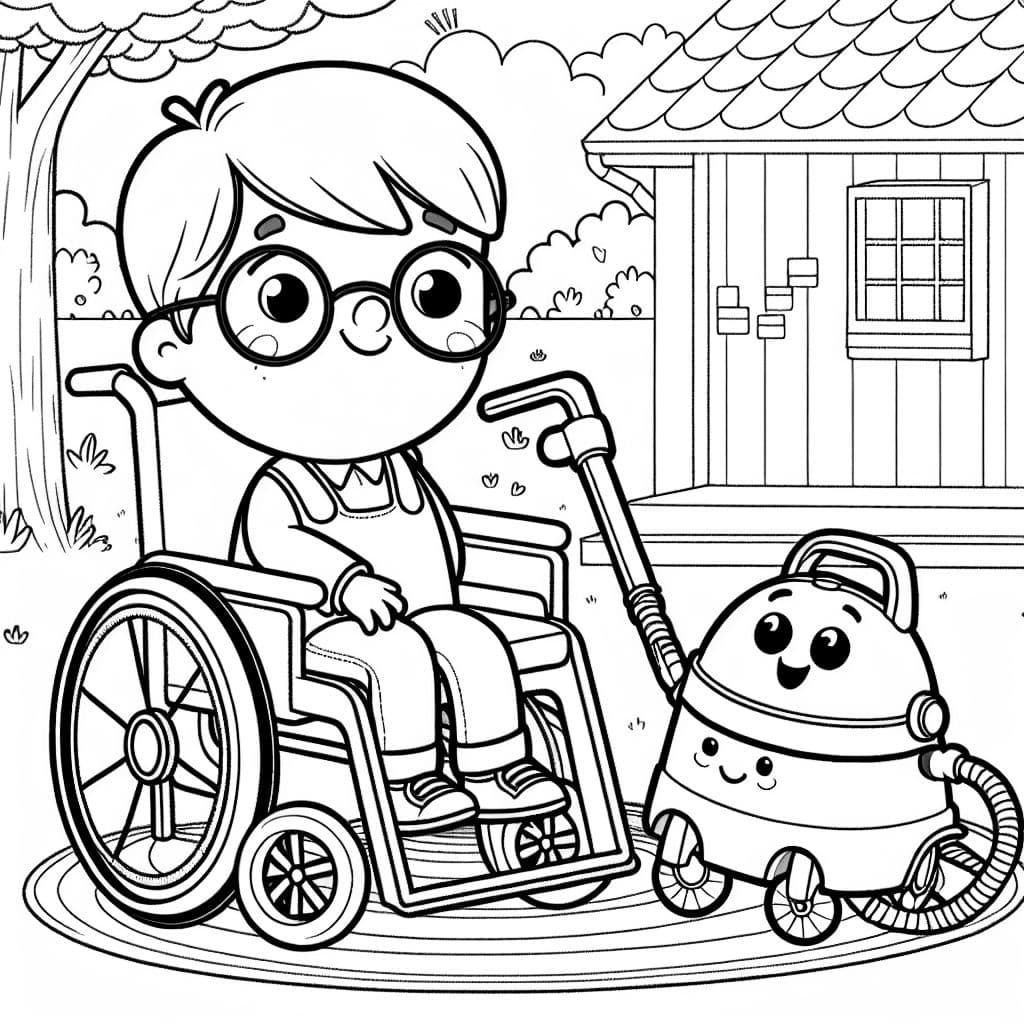 Un petit garçon en fauteuil roulant et portant des lunettes avec son meilleur ami, le petit aspirateur Saugi.