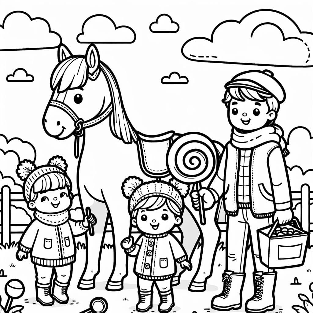 Ein Pferd mit zwei Kindern und einem Erwachsenen, der einen Lolly hält