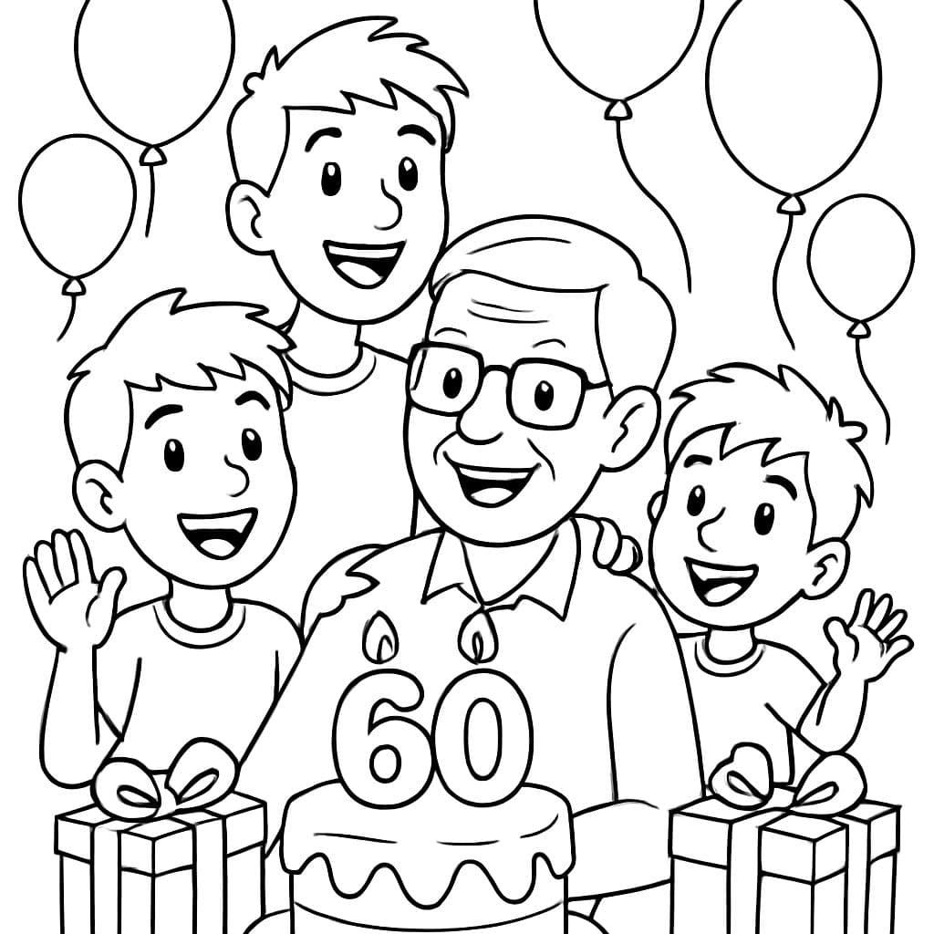 60 cumpleaños de un abuelo que parece joven (con gafas) con sus 3 nietos (de 13, 10 y 6 años). La imagen también incluye muchos globos, regalos y un pastel.