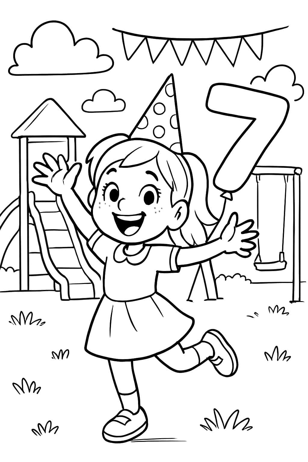 Kleines Mädchen auf dem Spielplatz, das ihren 7. Geburtstag feiert