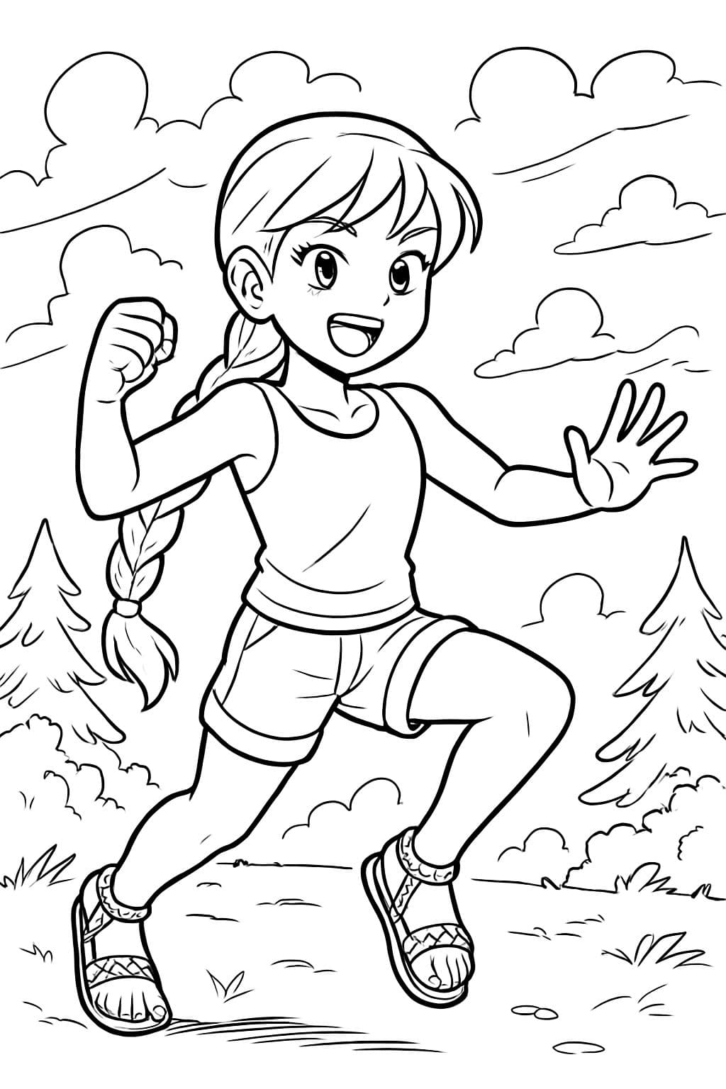 I want a character, a girl with a braid in manga style, wearing a tank top and shorts with sandals that have braided straps.