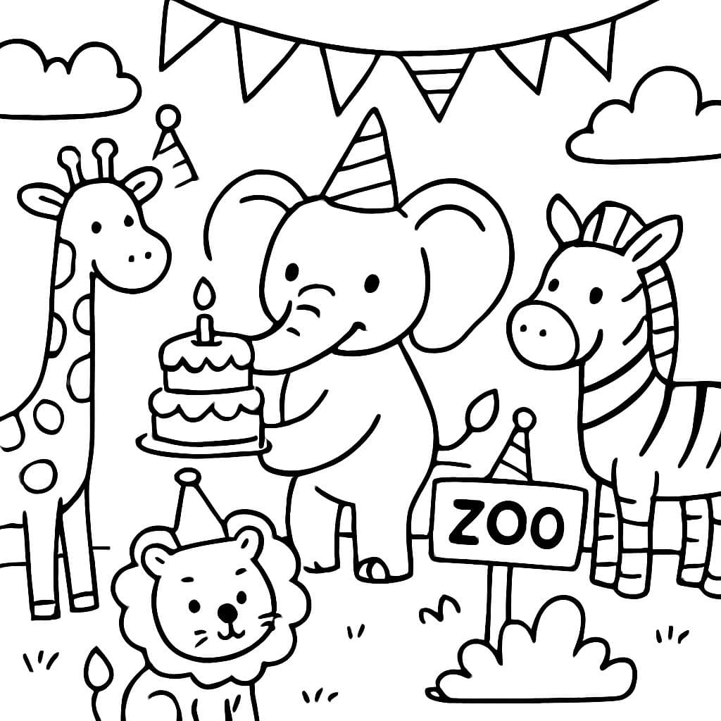 Animales del zoológico celebrando una fiesta de cumpleaños