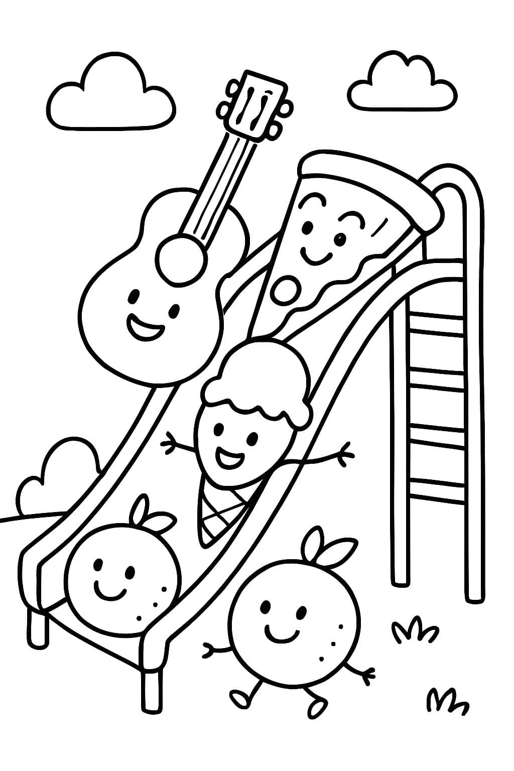 Smiling objects including a guitar, pizza, ice cream, and oranges sliding down a playground slide together.