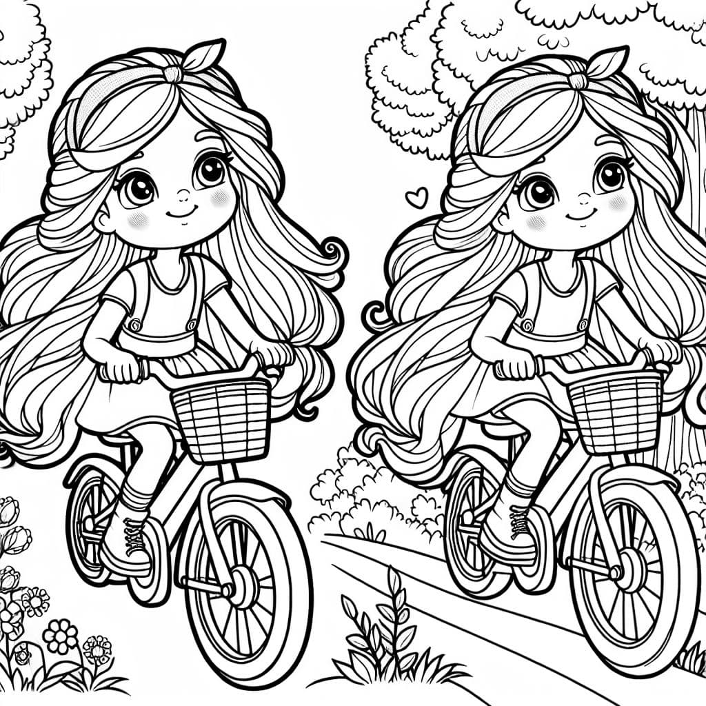 Niña rubia de nueve años con pelo largo en una bicicleta