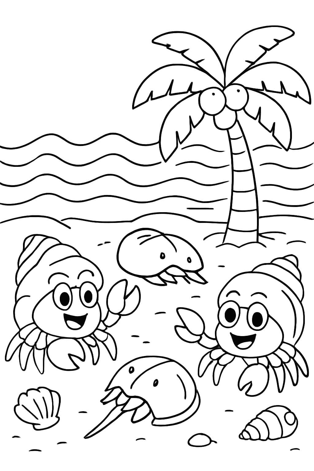 Beach with seashells, palm tree with coconuts, horseshoe crabs and hermit crabs. Waves in the background