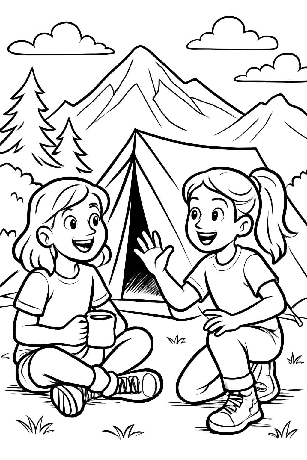 Deux filles dans une tente en camping près de la montagne.