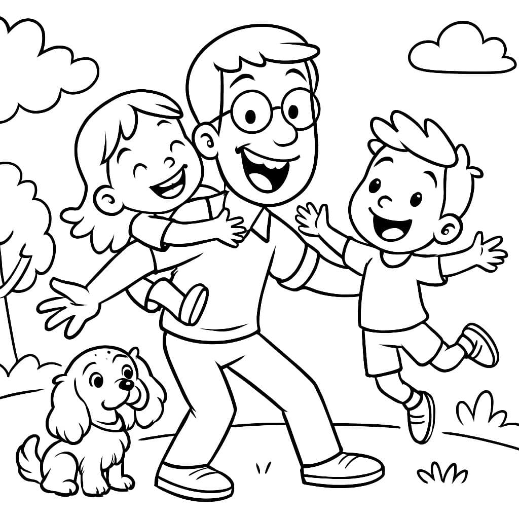 Un papá siendo tonto con sus hijos, un niño y una niña, y un perro Cavalier King Charles.