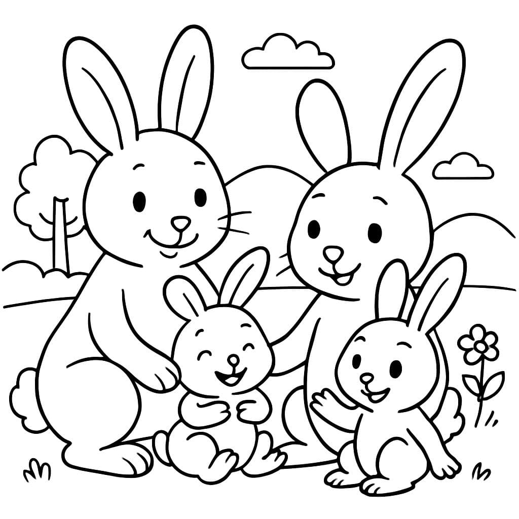 familia de conejos con dos hermanos y un bebé