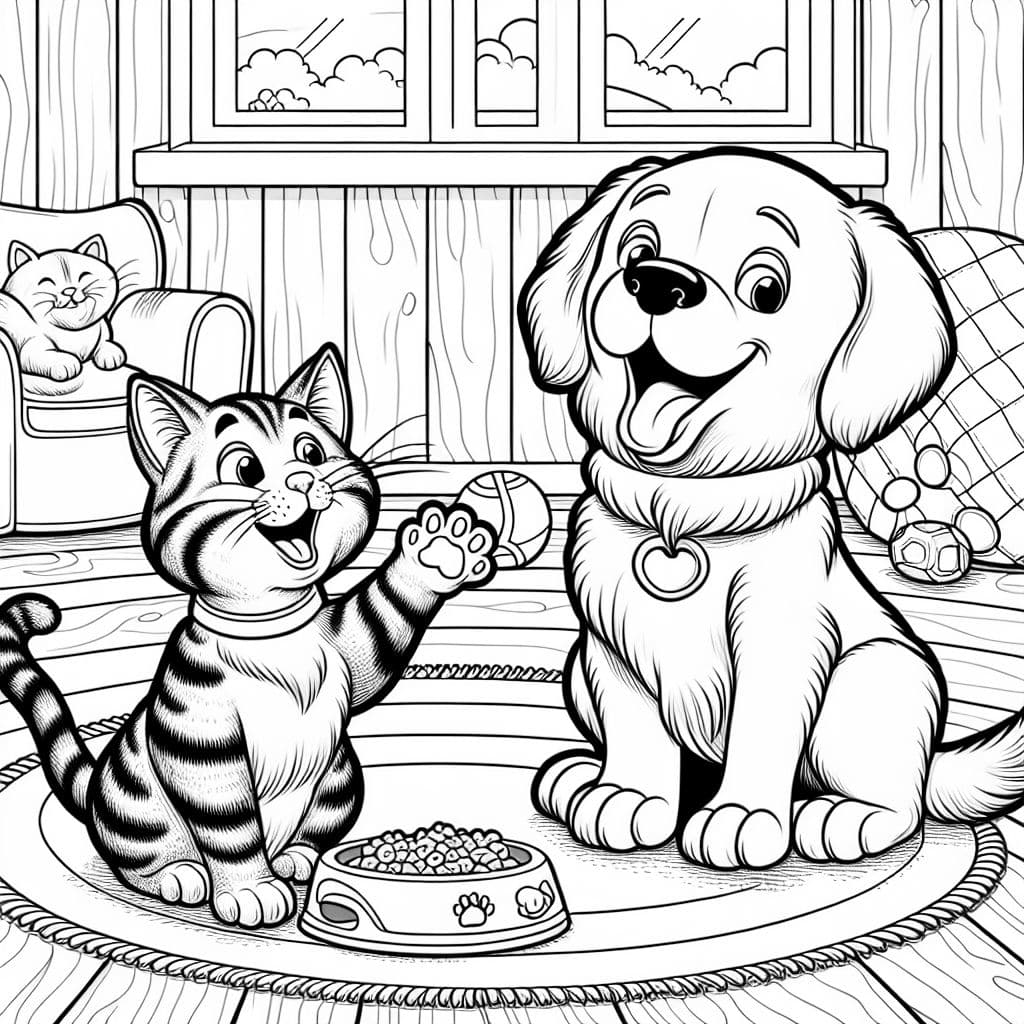 Un gato atigrado y un perro Chesapeake Bay Retriever están juntos en el interior. Esta es una escena divertida y amigable para una página para colorear.