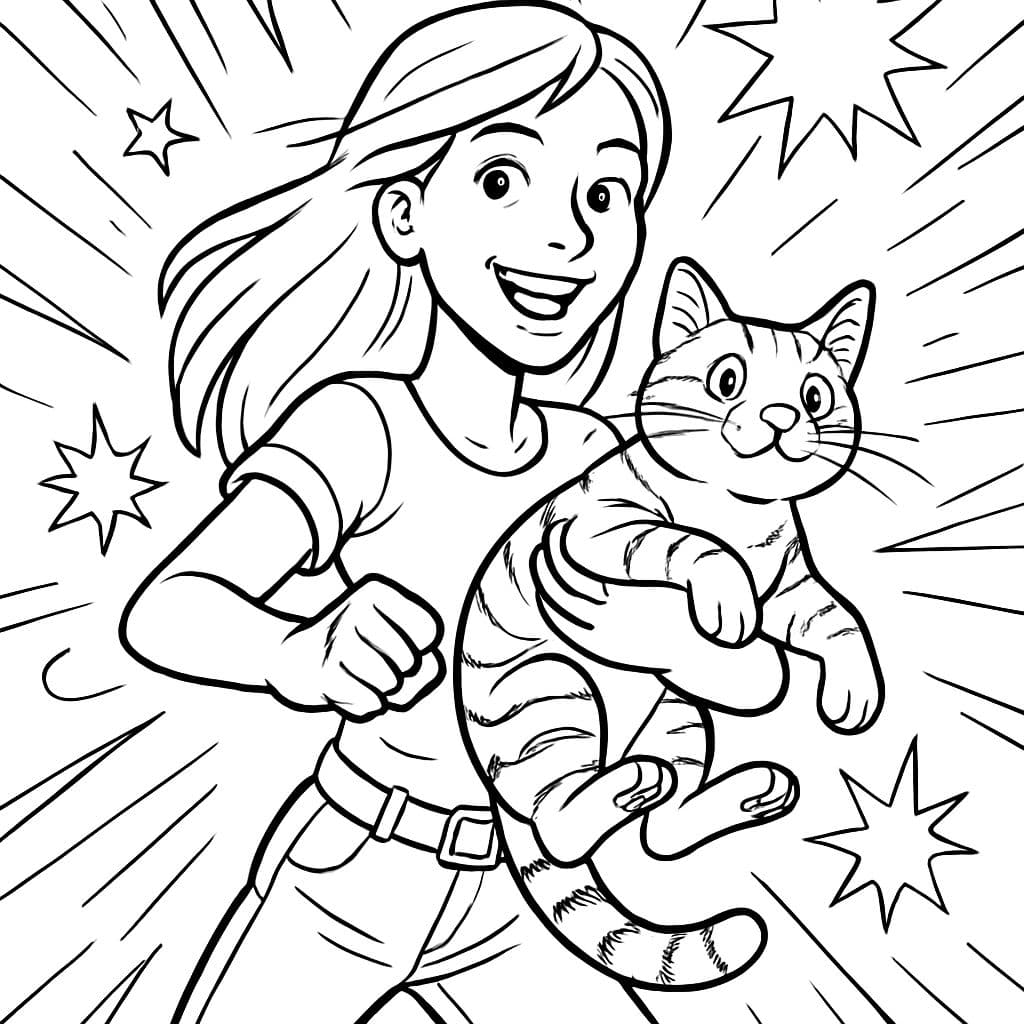 Une jeune femme maigre avec de longs cheveux et un léger sourire tenant un chat tigré.