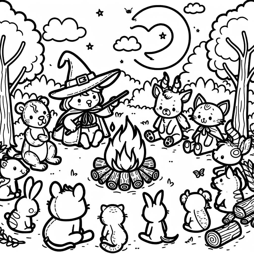 Animals in a forest around a campfire like witches