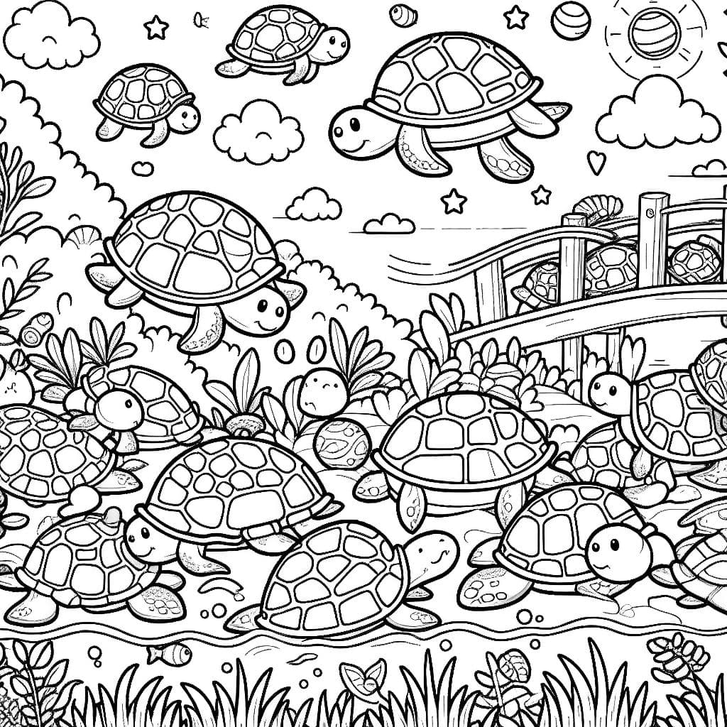 Uma divertida página de desenho sobre tartarugas que convida as crianças a colorir. Descubra várias tartarugas em um colorido mundo subaquático ou na praia.