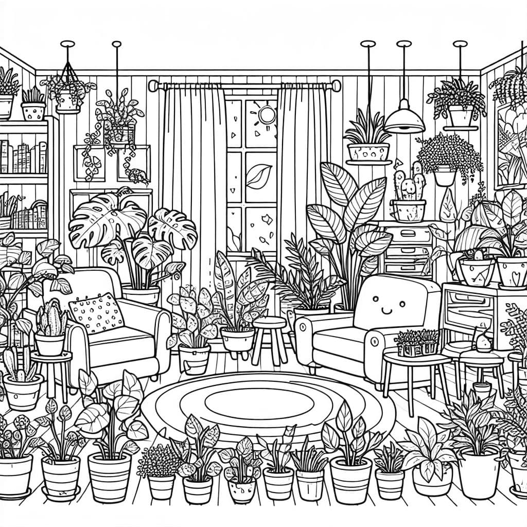 una sala de estar con muchas plantas coloridas