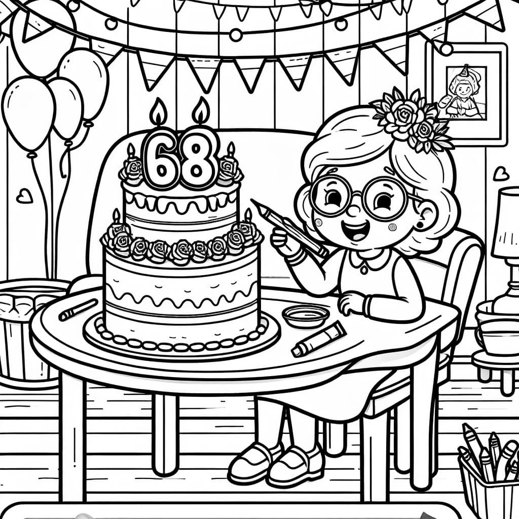 Eine Oma die ihren 68 Geburtstag feiert. Dabei sitzt sie an einem Tisch mit einer großen Torte, auf deren Spitze eine große 68 steht.