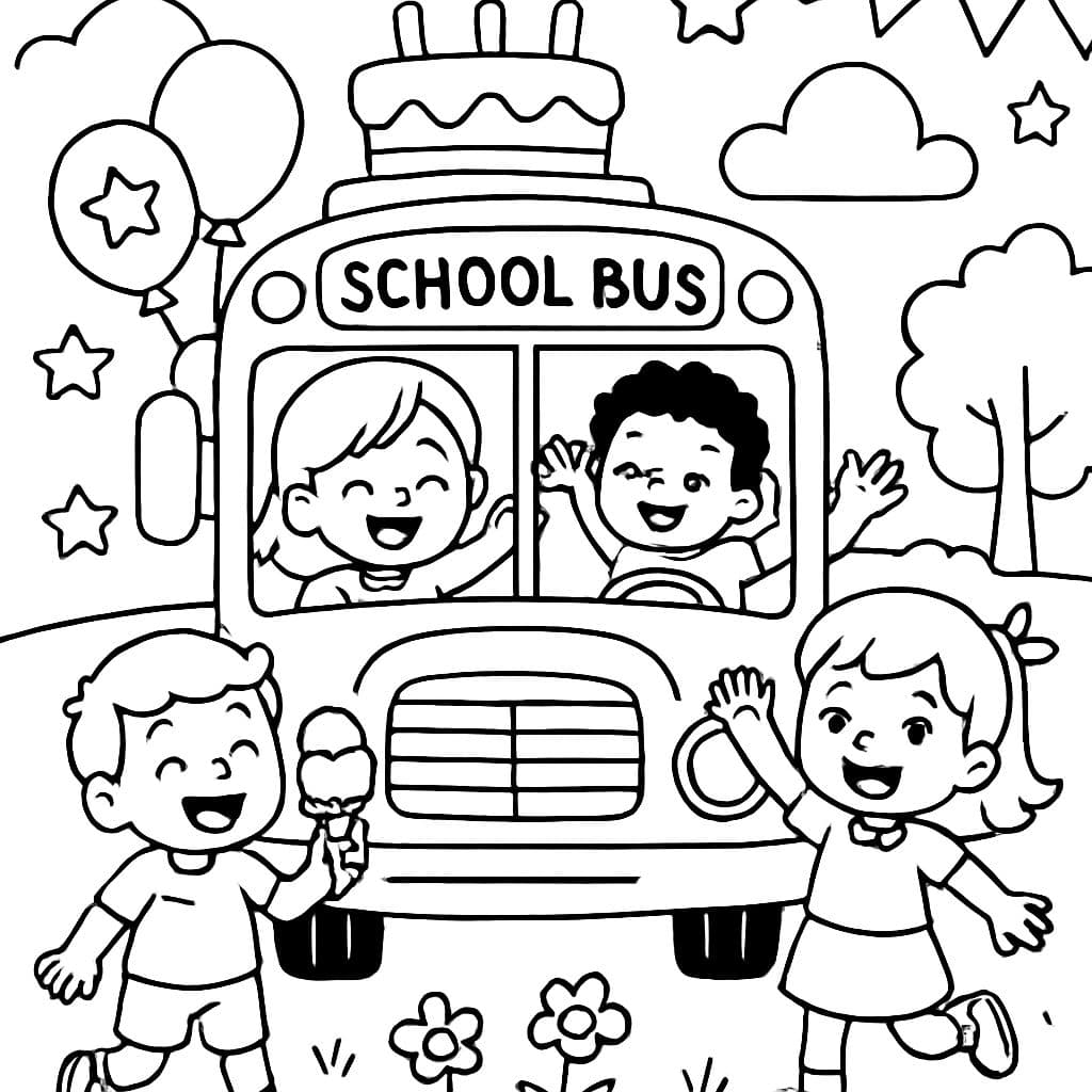 Joyeux anniversaire bus scolaire avec des enfants et de la glace