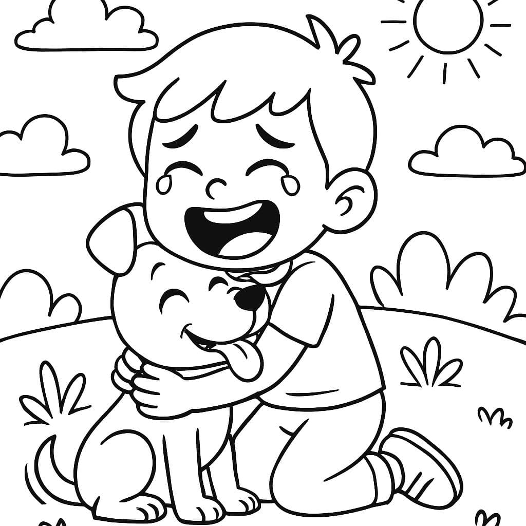 niño llorando de emoción abrazando a su perro