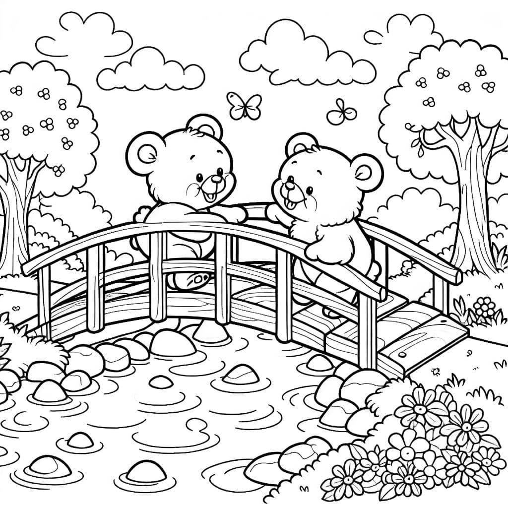 Zwei Bären überqueren einen Bach, einer über eine Brücke, der andere läuft hindurch.