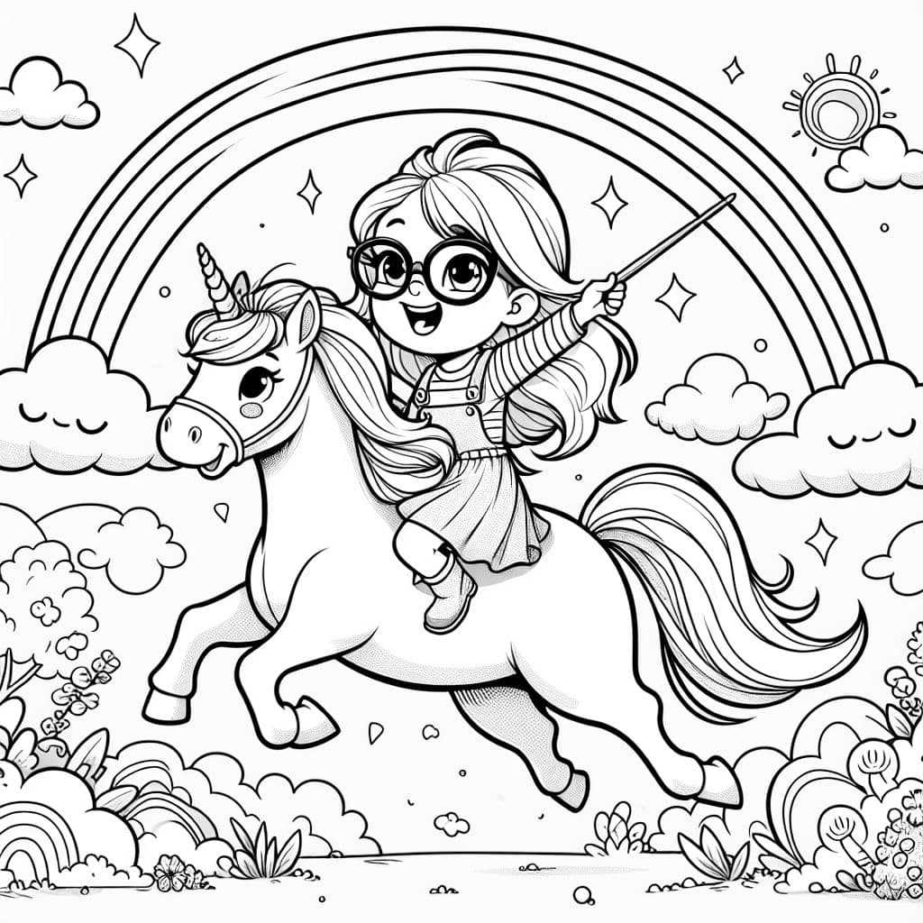 Ein blondes kleines Mädchen mit Brille reitet auf einem Einhorn.
