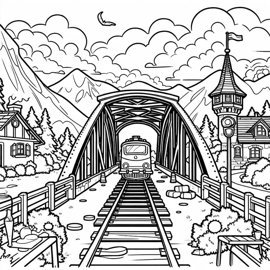 Una divertida página para colorear de un puente de tren.