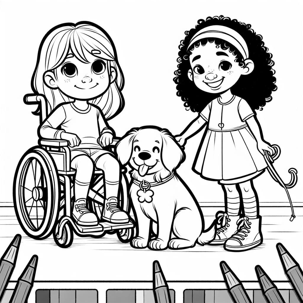 A girl in a wheelchair with a service dog and a young girl with curly hair
