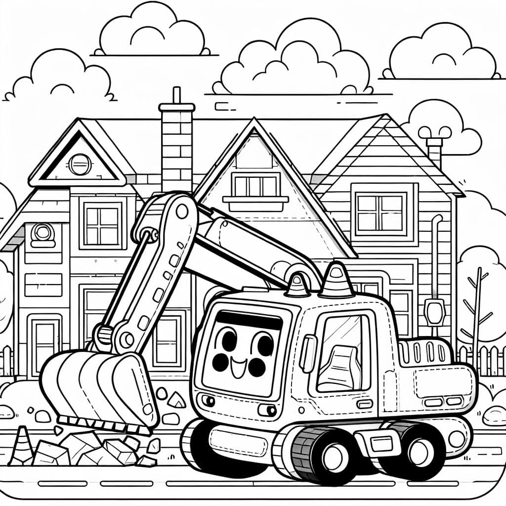 Un pelleteuse de démolition est en train de démolir une maison, ce qui représente une scène excitante pour les enfants qui aiment apprendre sur la construction et les machines.