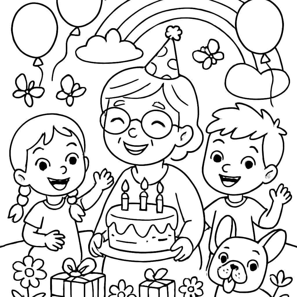 jeune grand-mère célèbre son anniversaire dans la nature avec sa petite-fille qui a deux tresses et son petit-fils et un bulldog français sous un arc-en-ciel dans la nature avec beaucoup de ballons, de papillons, de fleurs et avec un gâteau et des cadeaux