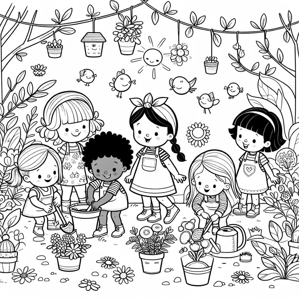 3 afroamerikanische kleine Mädchen und sieben weiße kleine Mädchen im Garten.