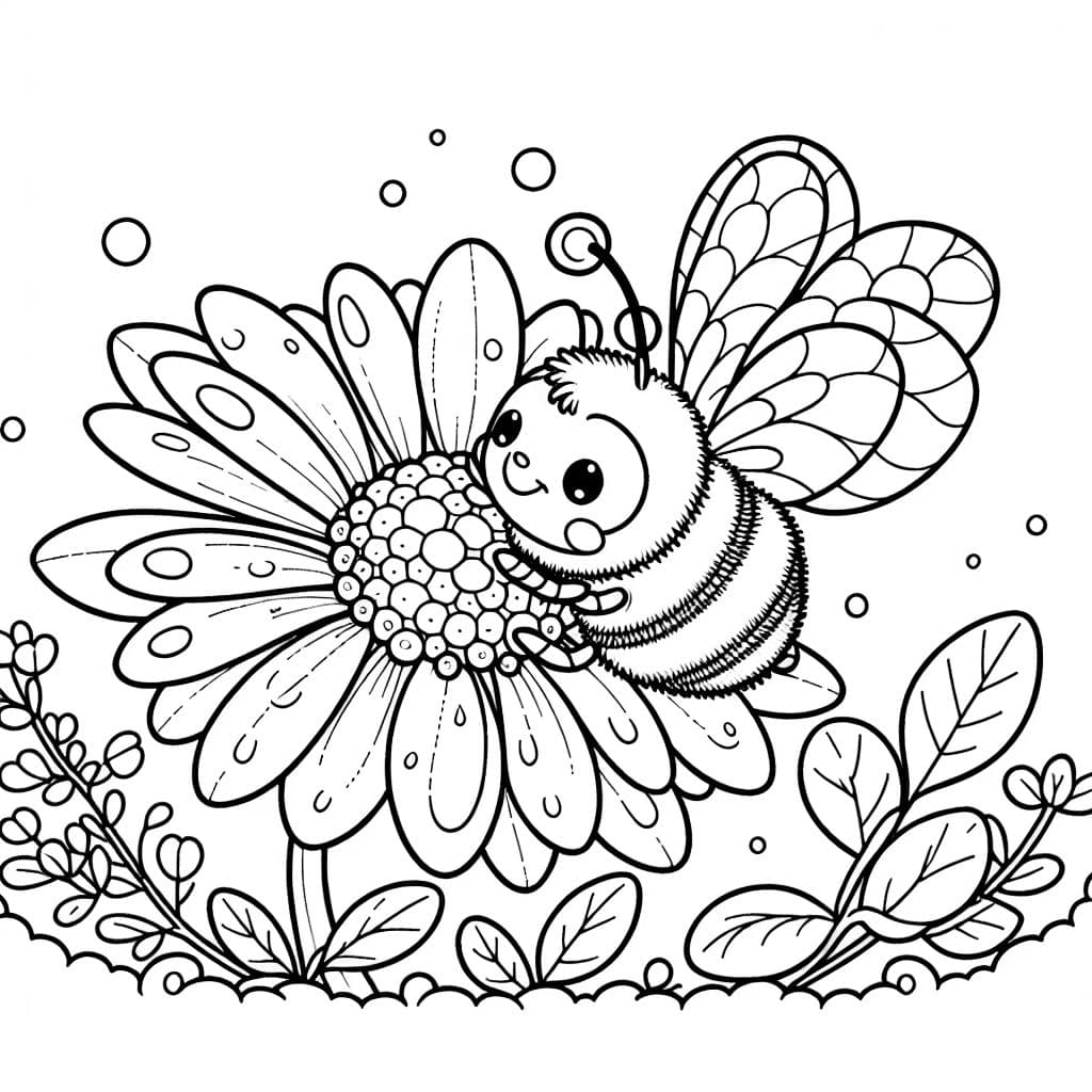 Una abeja bombardera acurrucada en una flor cubierta de rocío.