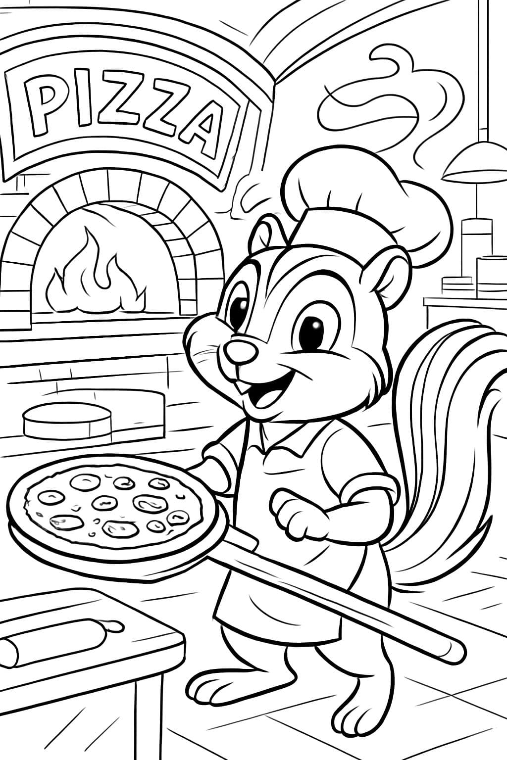 Una ardilla listada trabajando en una pizzería