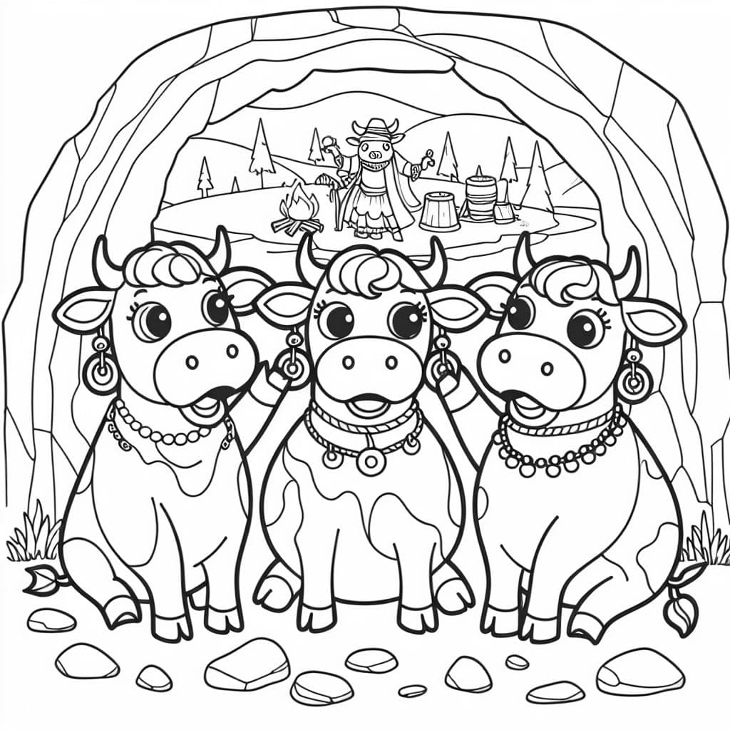 trois vaches regardant un spectacle dans une grotte, elles ont des boucles d'oreilles