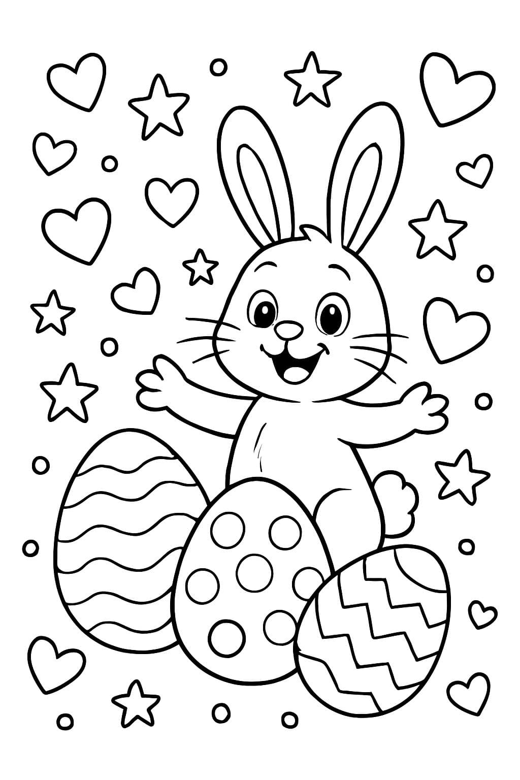 Tres huevos de Pascua, un conejo de Pascua y muchos corazones y estrellas