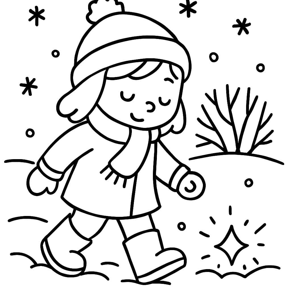 Schwarz-weiß Ausmalbild: Mädchen stapft durch verschneiten Garten, Schneeflocken fallen, kleiner funkelnder Stein im Schnee, einfache Konturen, kindgerecht, magische Funken um den Stein
