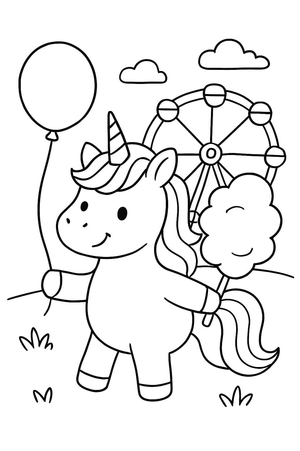 Un unicorn avec un ballon et de la barbe à papa devant une grande roue