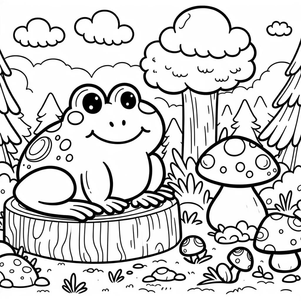 A frog sitting in a clearing with mushrooms on the ground and clouds in the sky
