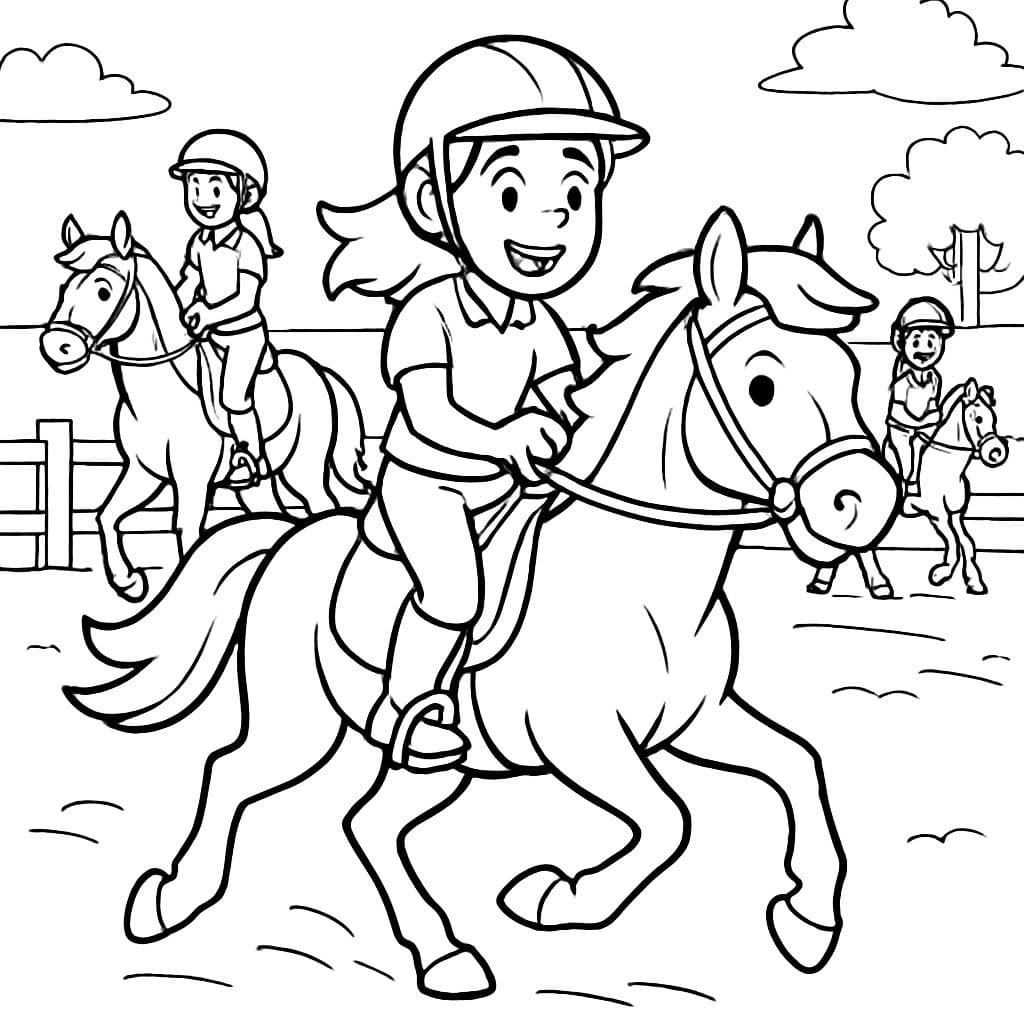 Un grupo de jinetes, con casco, en sus caballos en una pista de equitación