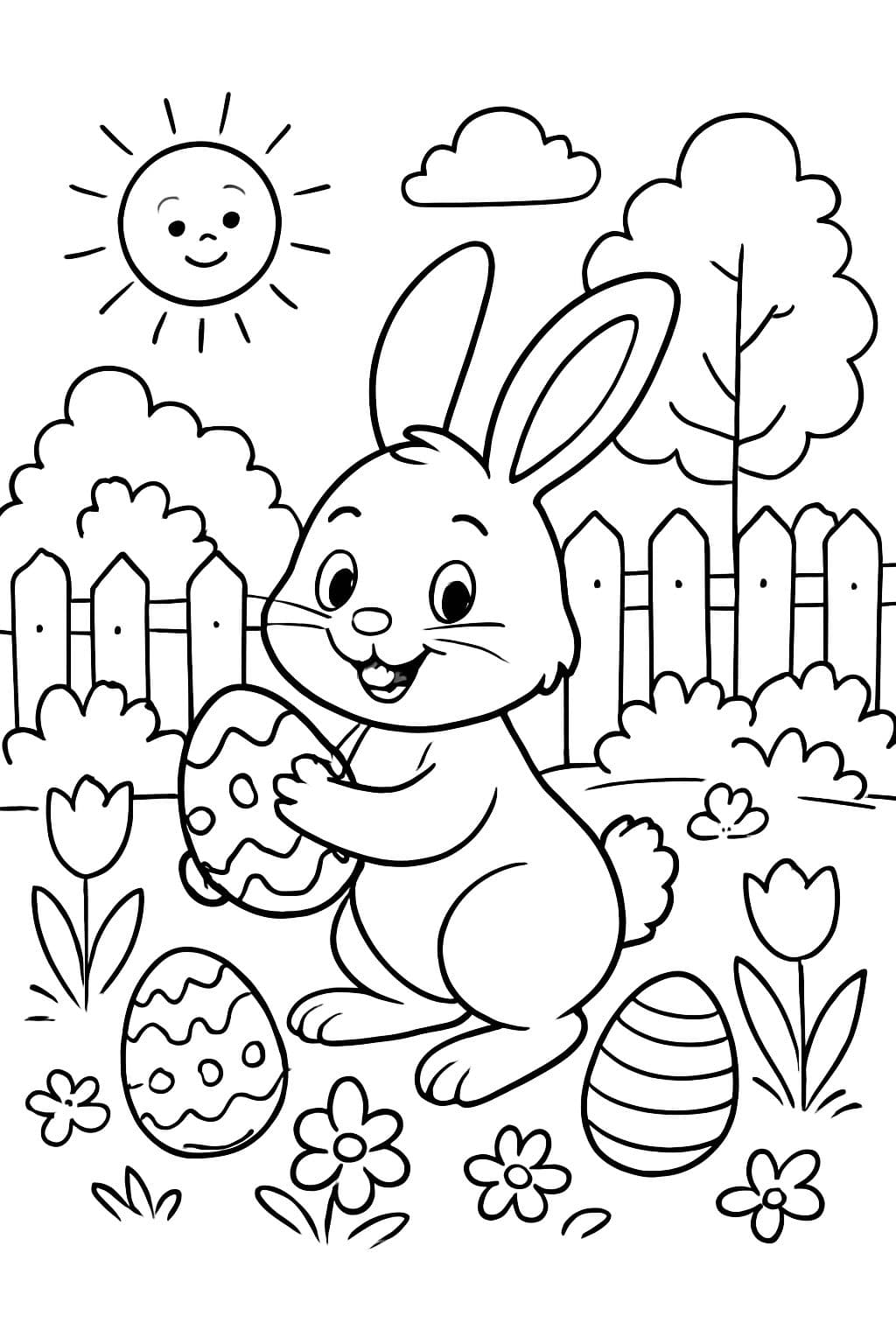 Conejo de Pascua escondiendo huevos en el jardín