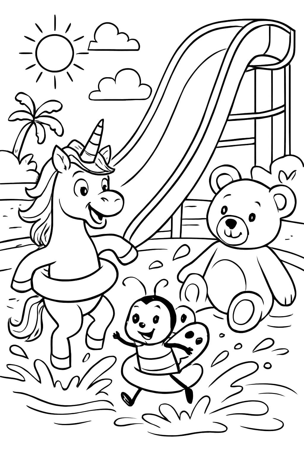 Un licorne, unscarabée et un ours en peluche vont à une piscine avec un long toboggan