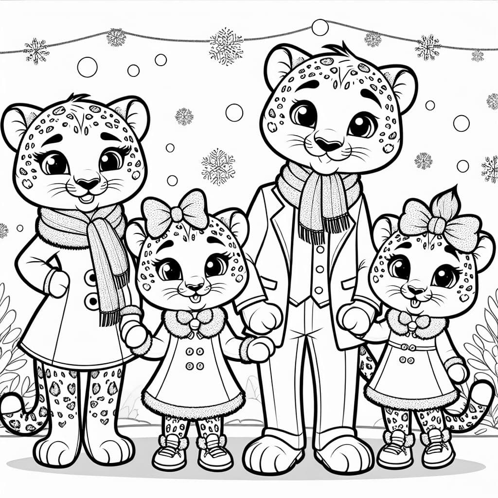 Família de leopardos da neve mãe, pai e 2 filhas com um laço na cabeça