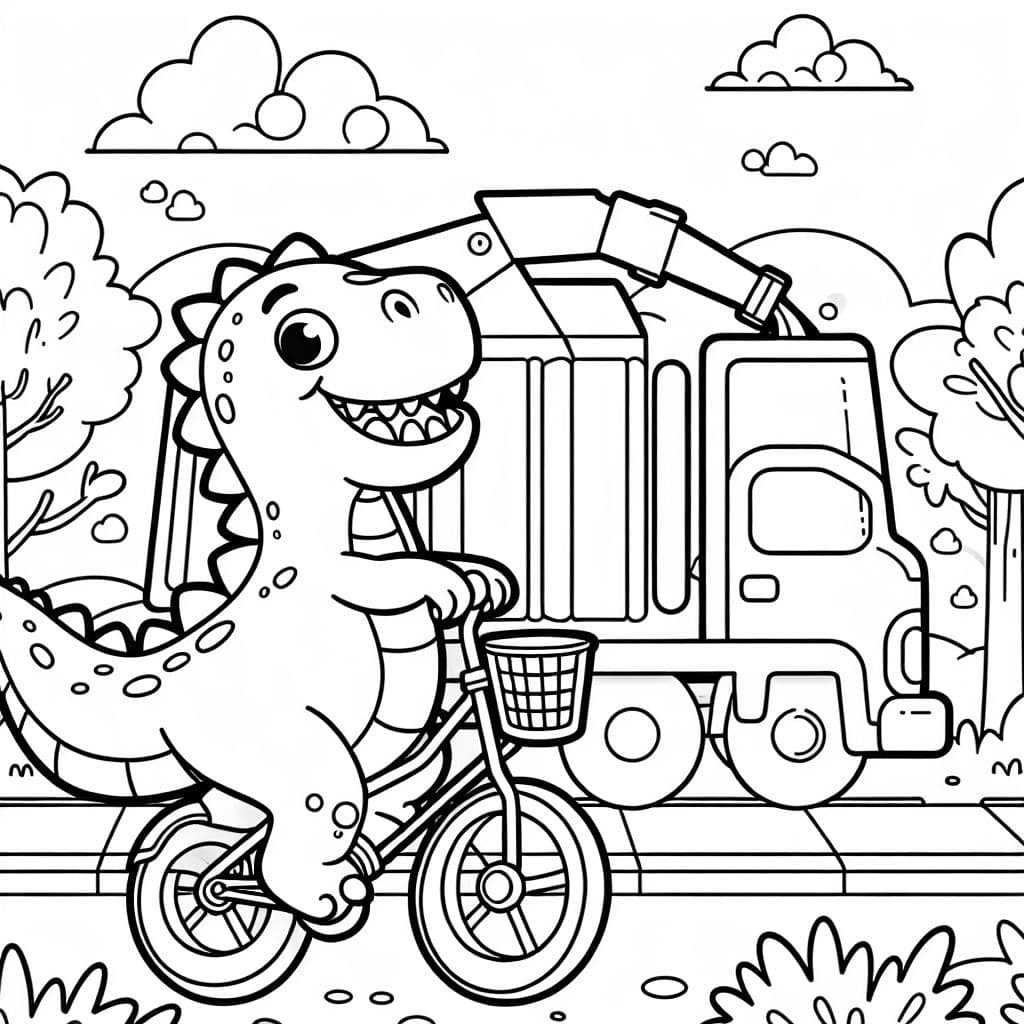 Dinosaur riding a bicycle passing a large garbage truck