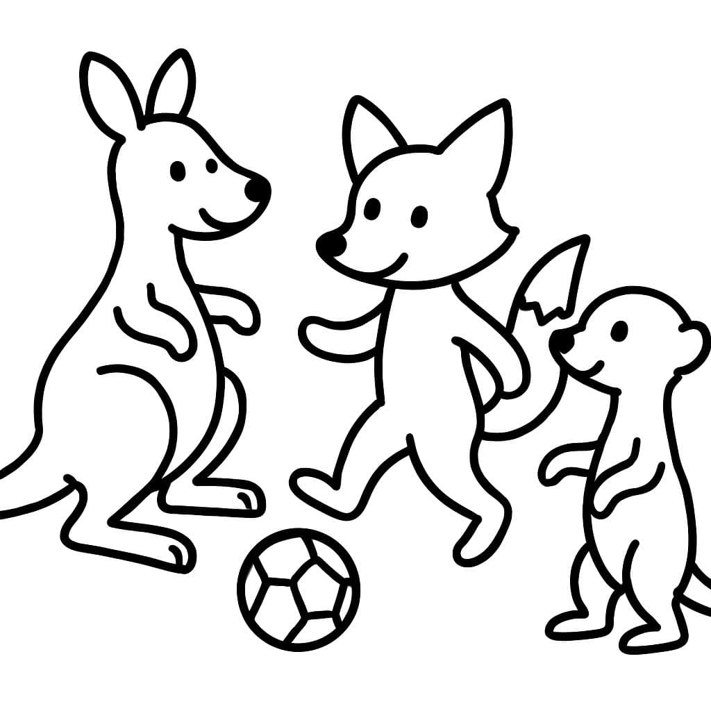 un kangourou jouant au football, un renard jouant au football et un suricate jouant au football
