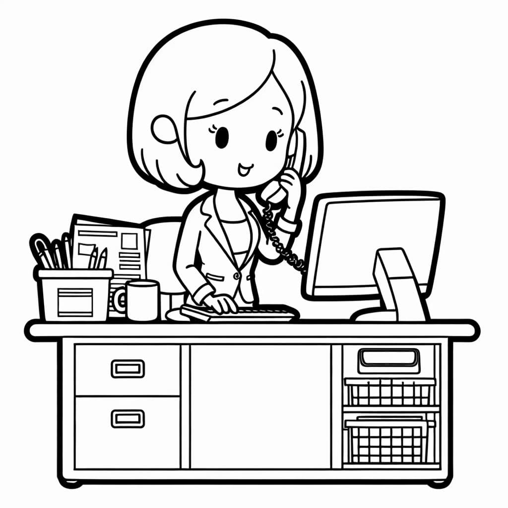 uma funcionária de escritório trabalhando no computador enquanto fala ao telefone