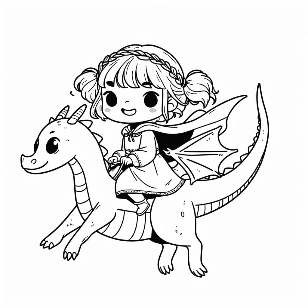 Niña rubia pequeña con dos coletas montando un dragón